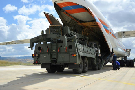 A military cargo plane unloads Russian  S-400 missile defence system components in Turkey in July 2019.