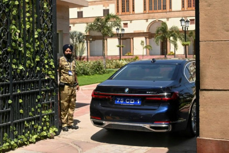 Russian Foreign Minister Sergei Lavrov arrives in a car for a meeting with Indian counterpart S. Jaishankar at Hyderabad House in New Delhi