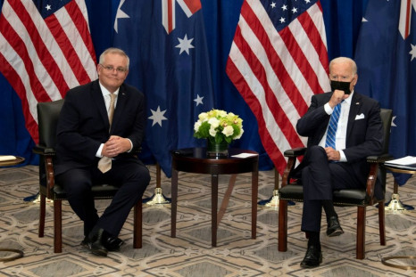 Australian Prime Minister Scott Morrison meets with US President Joe Biden at the UN ahead of a Quad regional meeting in the White House in September 2021.
